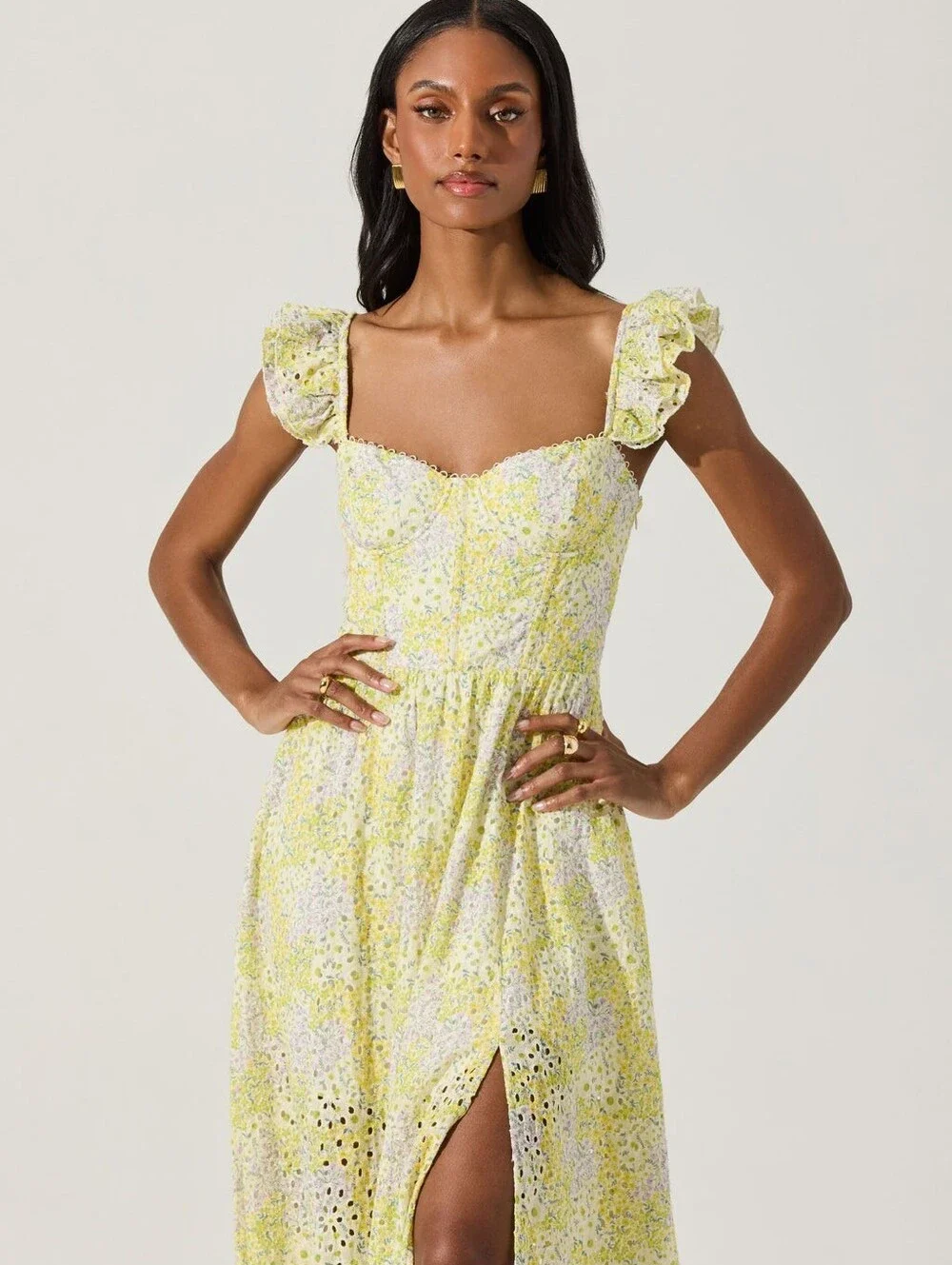 Astr Yellow Floral Eyelet Midi Dress - Picture 9 of 14